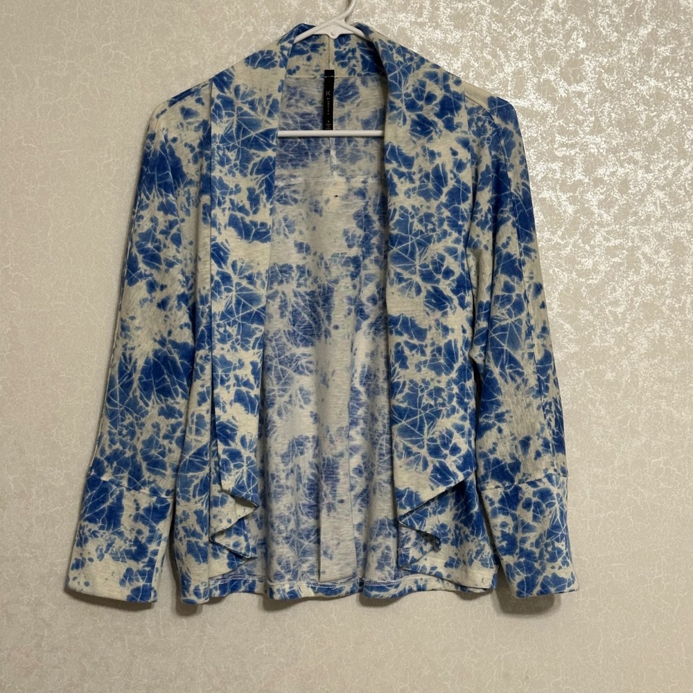 IC by Connie‎ K Blue White Dolman Draped Cardigan Cracked Glass Tie Dye Print S